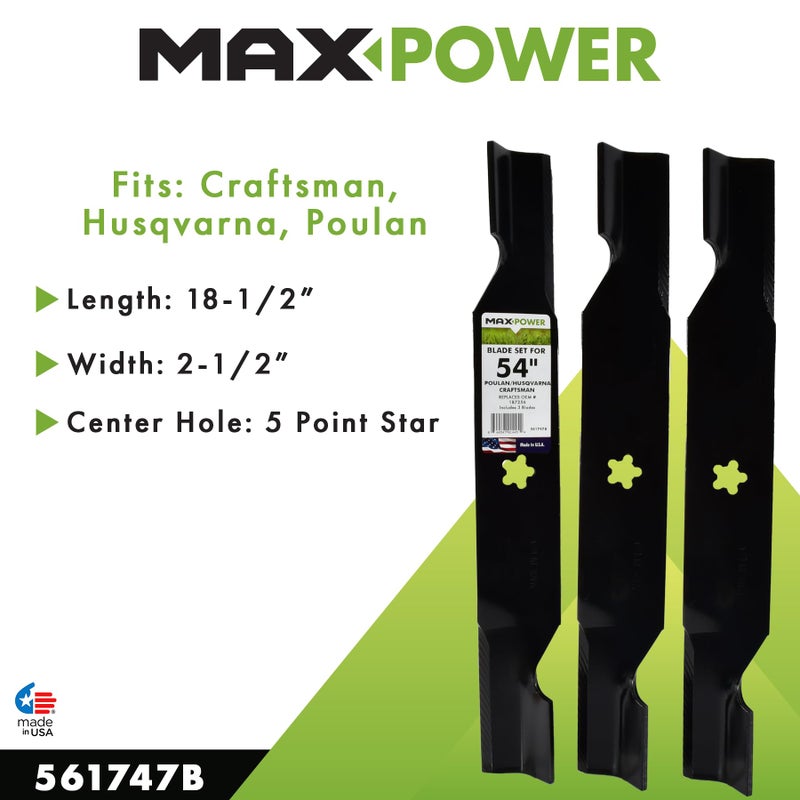 Maxpower مجموعة شفرات MaxPower 561747B 3 لعديد من جزازات العشب 54 بوصة من كرافتسمان، هوسكفارنا، وبولان تستبدل أرقام OEM #'s 187256 و 532187256 - Image 2